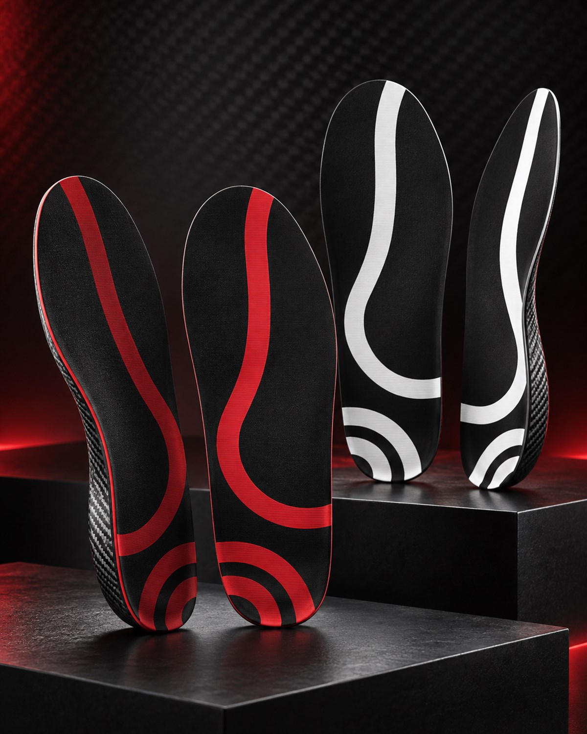 Black carbon-fiber sports and everyday custom insoles with red and white designs