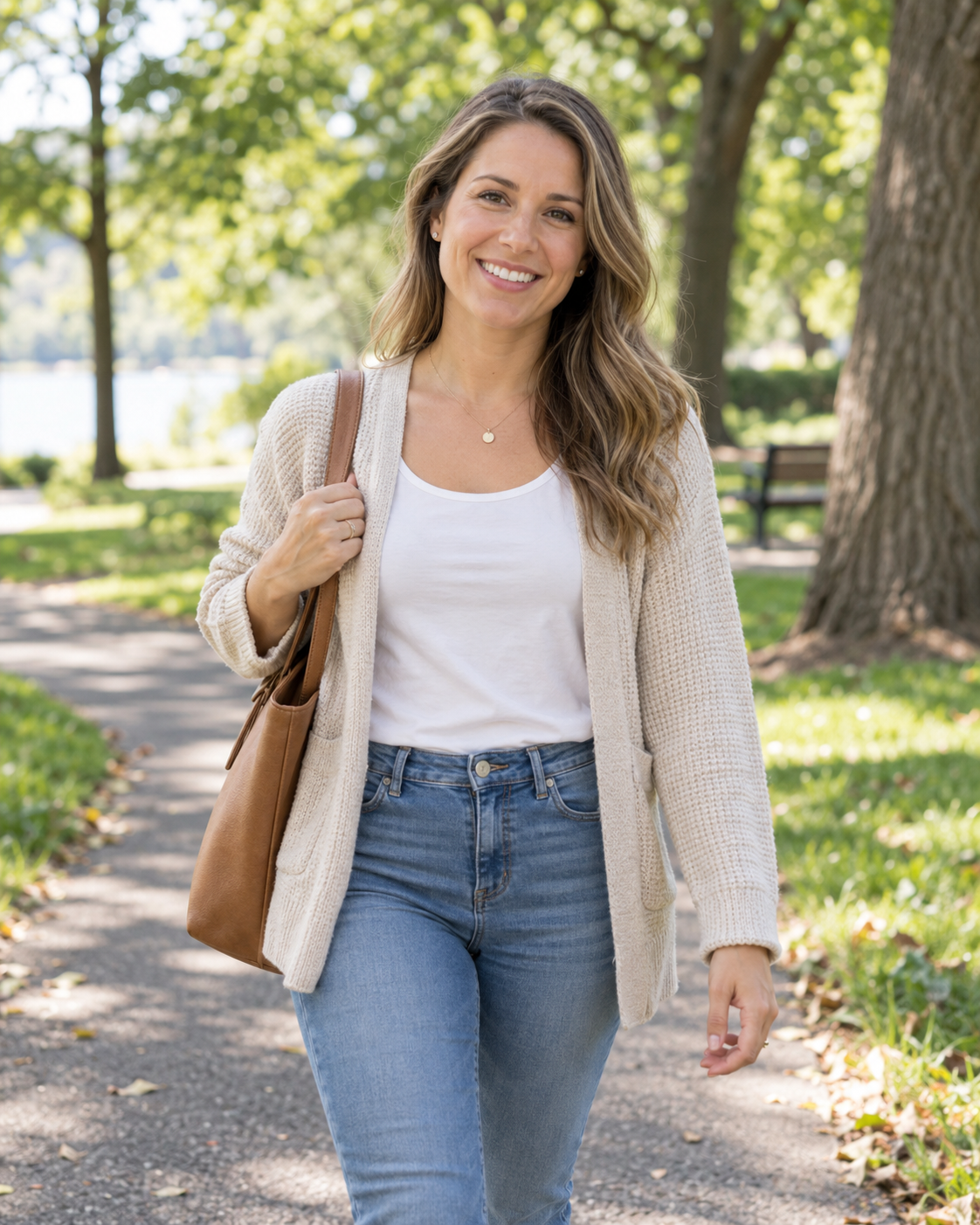 Jennifer walking through a sunny park
