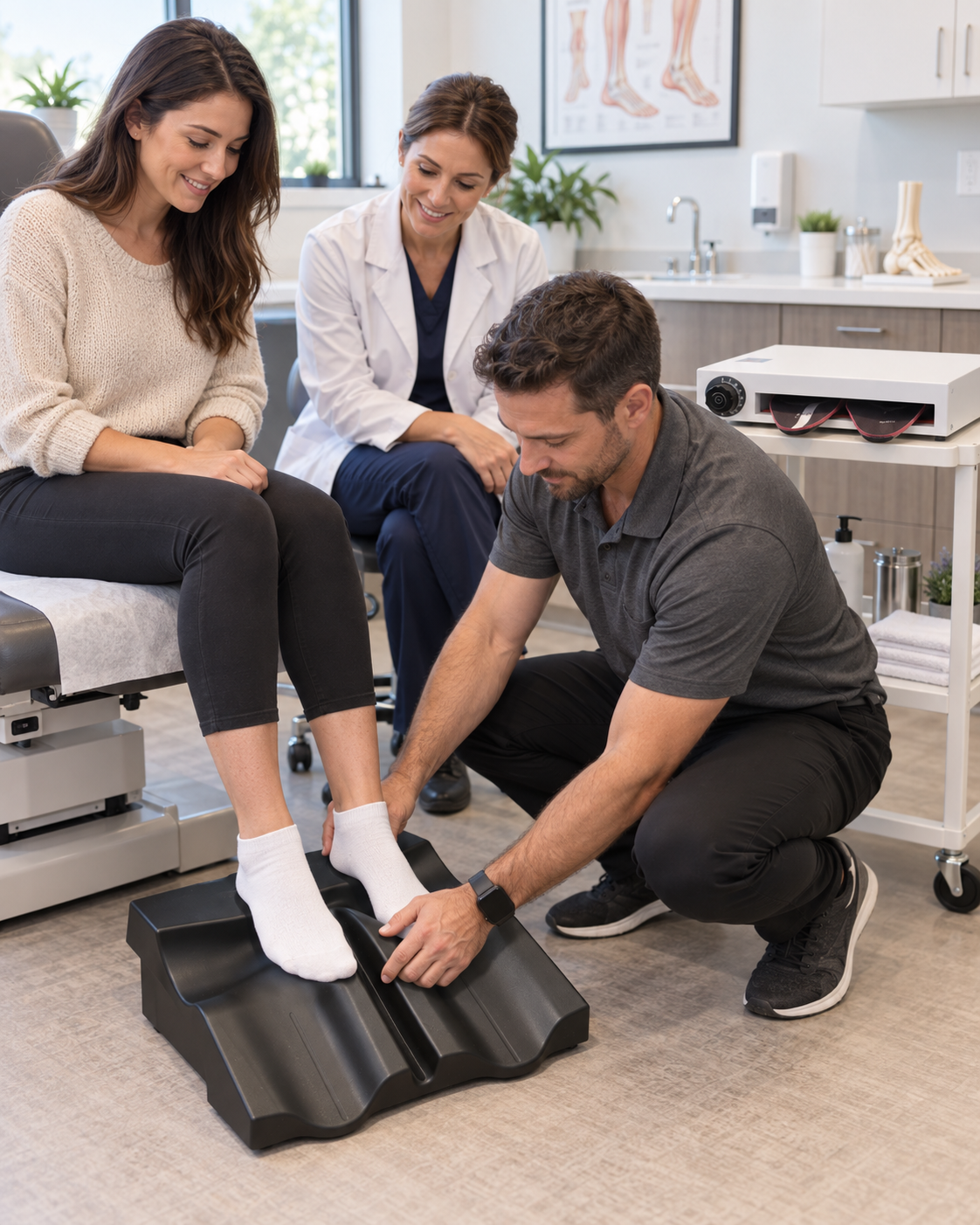 An Instant Insoles technician performing an on-site orthotic fitting with a healthcare provider in a clinic