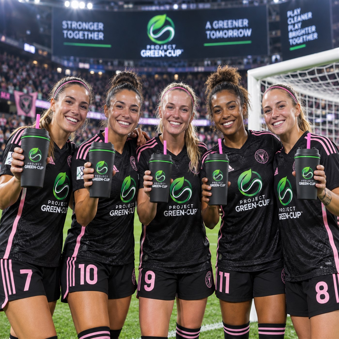 A women’s soccer team gathered together in a stadium after a match