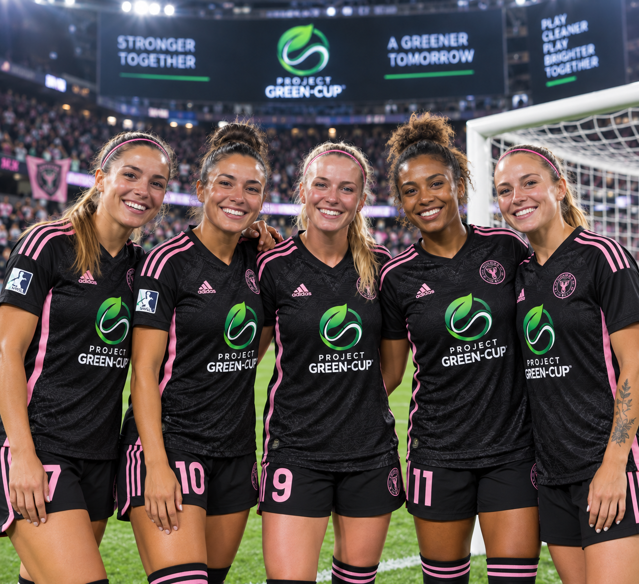 Illustrative women’s soccer team standing together in a stadium
